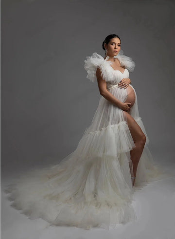 Mqtime Gorgeous Off White Bridal Photography Dresses Maternity Gowns for Photoshoot Tiered Tulle Fluffy Maternity Dress Babyshower Robe